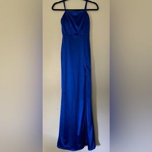 Blue long satin/silky material dress with slit